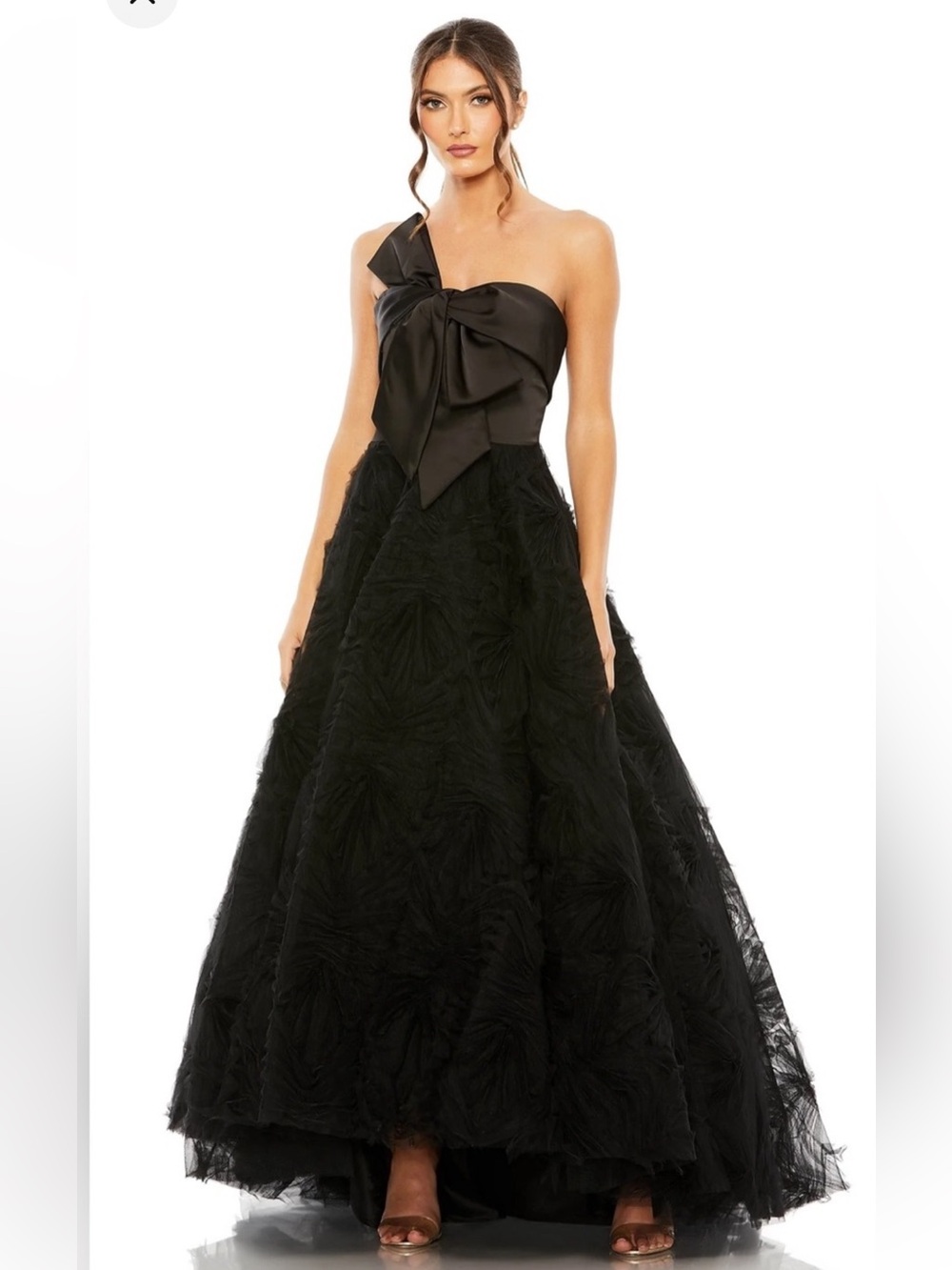 NWT Mac Duggal Strapless Black Front Bow Ruffle Tulle Gown Size 12